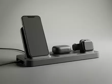 Fotorealistische Studioaufnahme von Ladestation zum Thema Anker MagGo 3-in-1 Wireless, klare Lichtfuehrung - Foto: THN