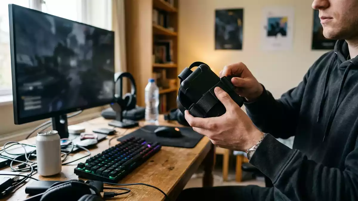 Fotorealistische Ansicht von Headset-Akku am Heimschreibtisch in realer Umgebung