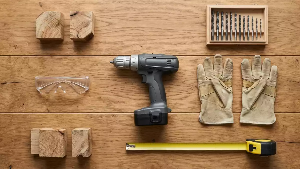 Flatlay-Arrangement rund um Akku-Bohrschrauber mit passenden Requisiten von oben