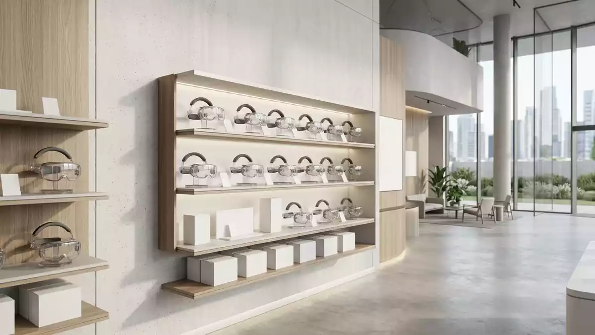 Architektur-Render im Technikshowroom mit Datenbrille im Ausstellungsbereich, neutral