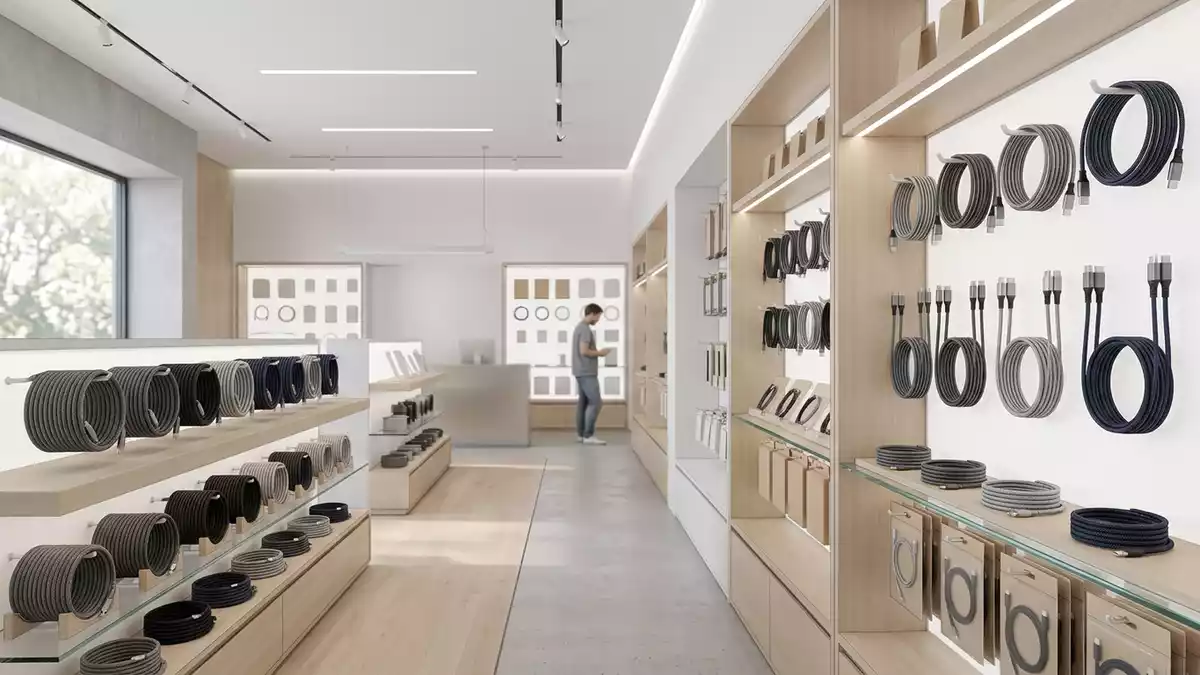 Architektur-Render im Elektronikfachgeschaeft mit Datenkabel-Set im Ausstellungsbereich