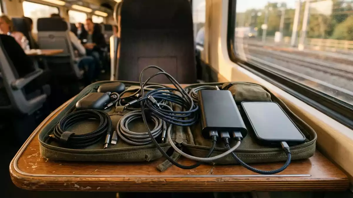 Fotorealistische Ansicht von Datenkabel-Set auf Reisen in warmem Abendlicht, neutral