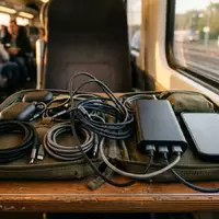 Fotorealistische Aufnahme von Datenkabel-Set auf Reisen zum Thema RAVIAD Micro-USB Kabel 3er, warmes Abendlicht - Foto: THN