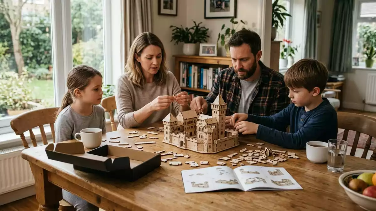 Fotorealistische Ansicht von 3D-Puzzle am Esstisch in realer Umgebung, neutral