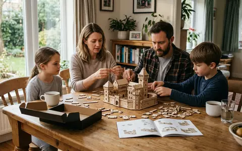 Fotorealistische Aufnahme von 3D-Puzzle am Esstisch zum Thema Ravensburger 3D Puzzle Empire, natuerliches Licht - Foto: THN