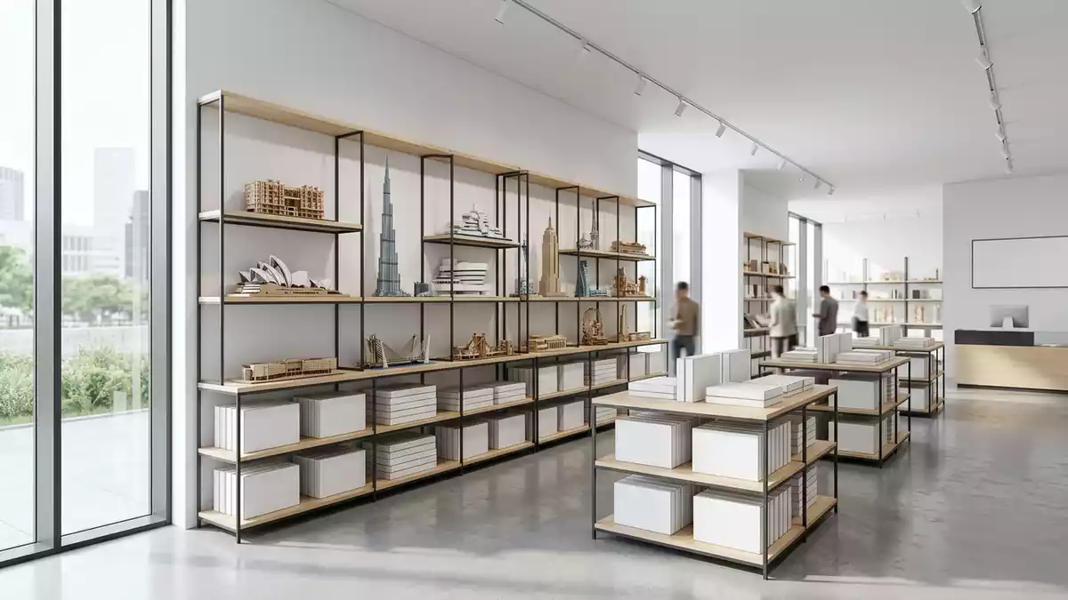 Architektur-Render im Hobbygeschaeft mit 3D-Puzzle im Ausstellungsbereich, neutral
