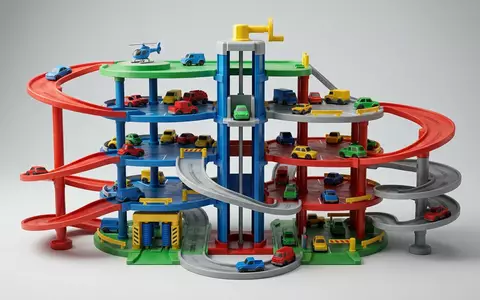 Fotorealistische Studioaufnahme von Parkturm-Spielset zum Thema Hot Wheels Ultimate Garage, klare Lichtfuehrung - Foto: THN