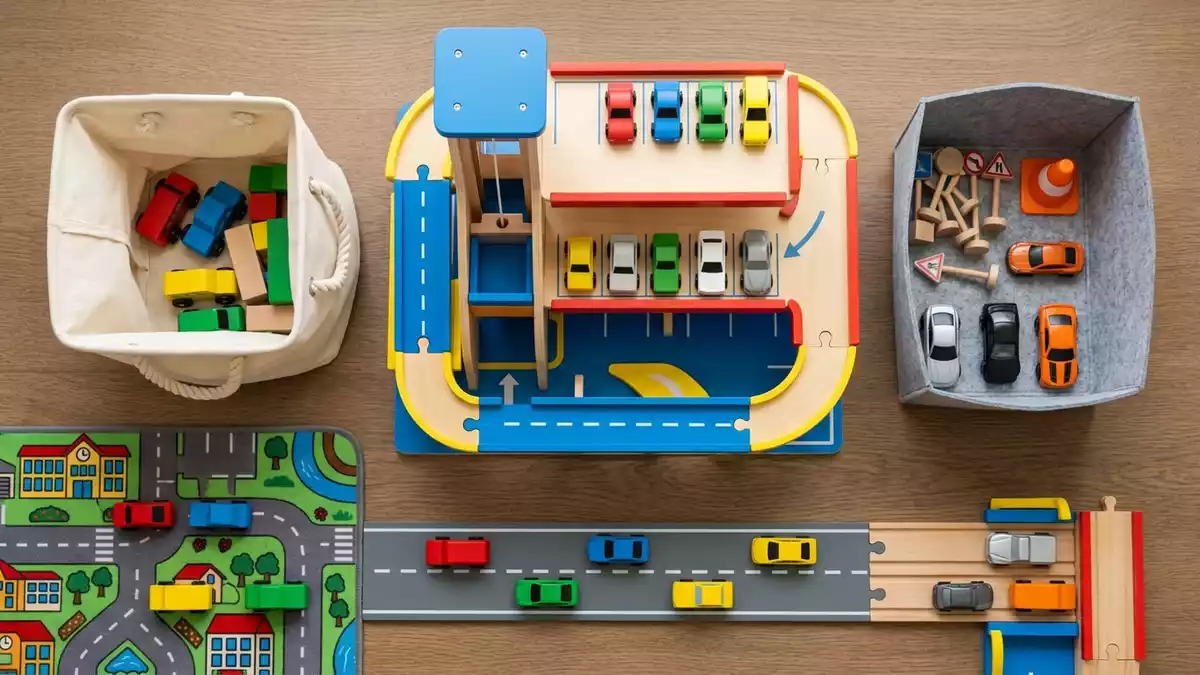 Flatlay-Arrangement rund um Parkturm-Spielset mit passenden Requisiten von oben