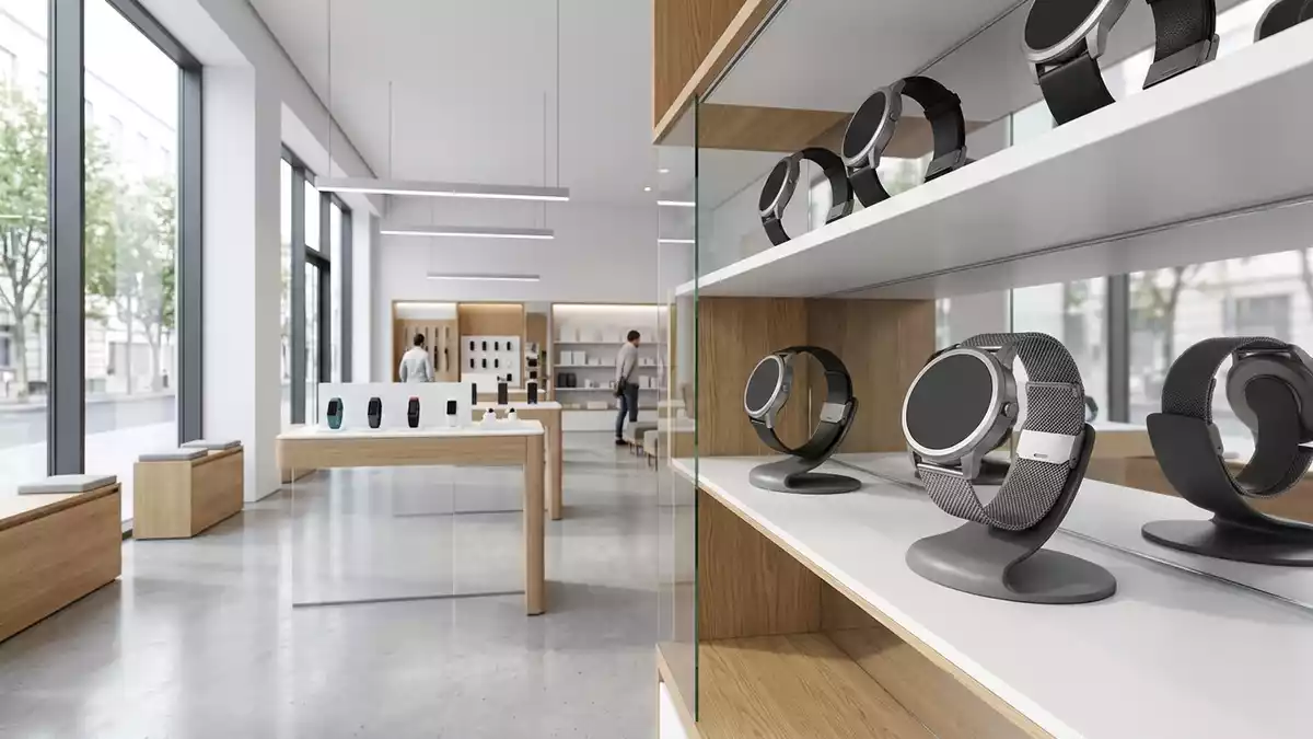 Architektur-Render im Elektronikladen mit Smartwatch im Ausstellungsbereich, neutral