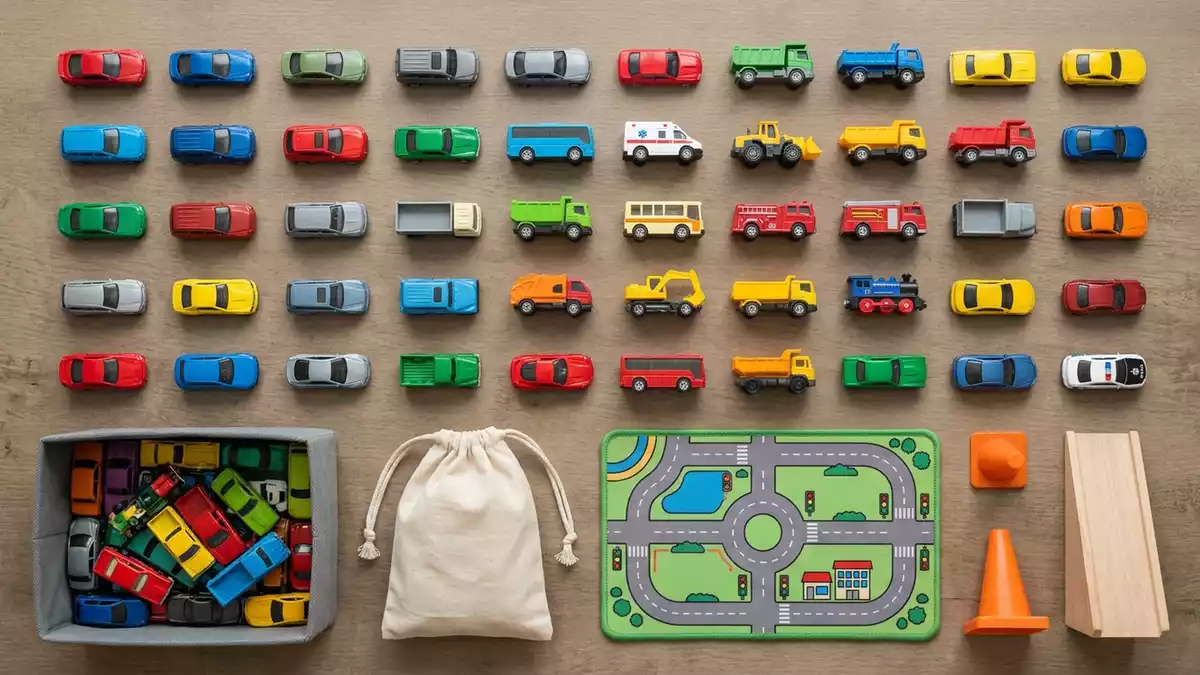 Flatlay-Arrangement rund um Spielzeugfahrzeuge mit passenden Requisiten von oben