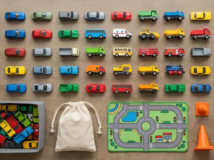 Flatlay-Arrangement rund um Spielzeugfahrzeuge zum Thema Hot Wheels 50-Car-Pack Fahrzeuge-Set, weiches Oberlicht - Foto: THN