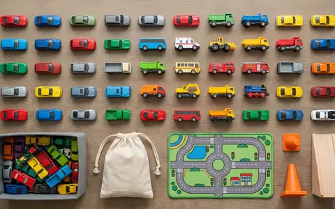 Flatlay-Arrangement rund um Spielzeugfahrzeuge zum Thema Hot Wheels 50-Car-Pack Fahrzeuge-Set, weiches Oberlicht - Foto: THN