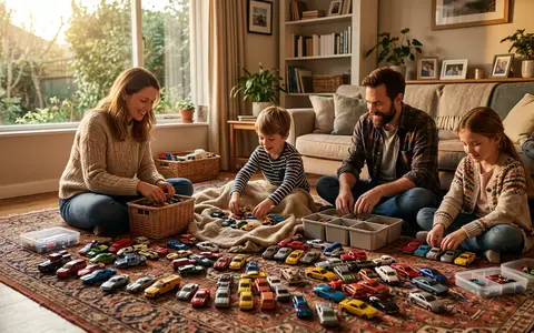 Fotorealistische Aufnahme von Spielzeugfahrzeuge im Wohnzimmer zum Thema Hot Wheels 50-Car-Pack Fahrzeuge-Set, warmes Abendlicht - Foto: THN