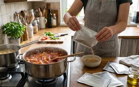 Fotorealistische Aufnahme von Saucenmischung in der Kueche zum Thema Knorr Fix Bolognese Saucenbeutel, natuerliches Licht - Foto: THN