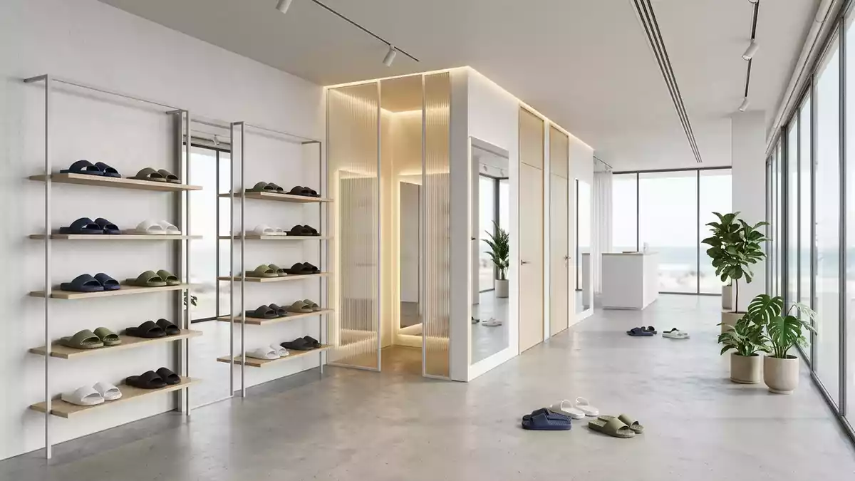 Architektur-Render im Bademodengeschaeft mit Badeschlappen im Ausstellungsbereich