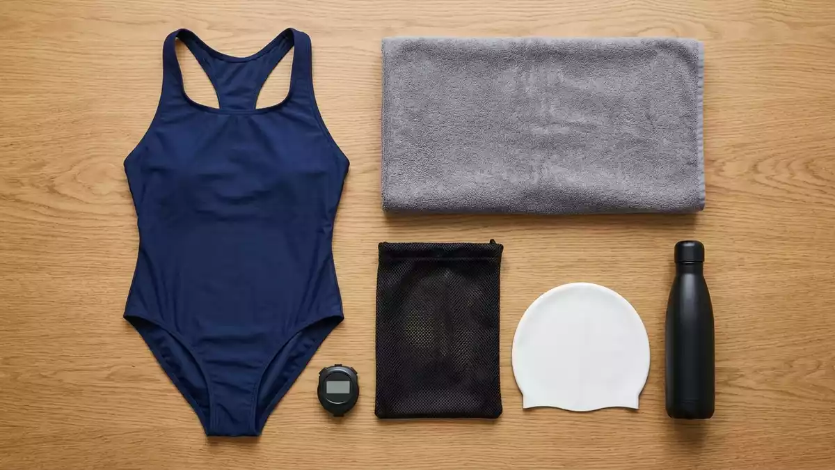 Flatlay-Arrangement rund um Badeanzug mit passenden Requisiten von oben, neutral