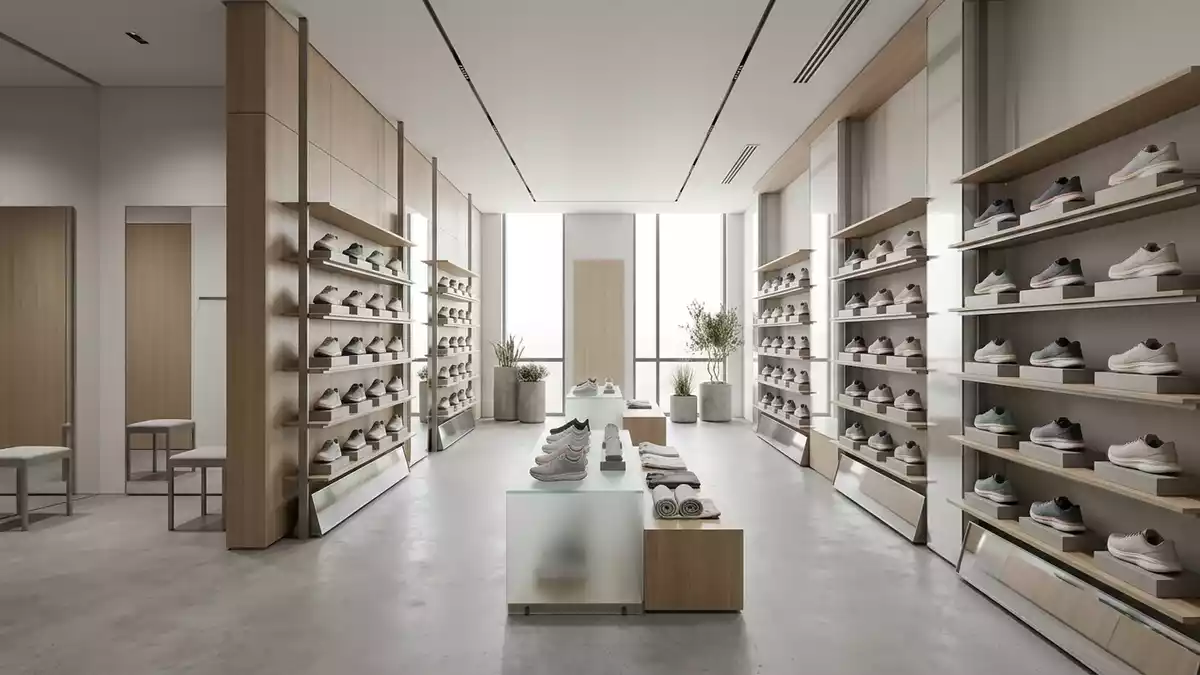 Architektur-Render im Laufsportladen mit Laufschuhe im Ausstellungsbereich, neutral