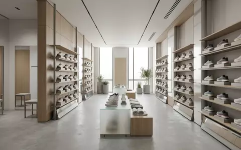 Architektur-Render im Laufsportladen mit Laufschuhe zum Thema Hoka Bondi 8 Laufschuhe, neutrales Tageslicht - Foto: THN