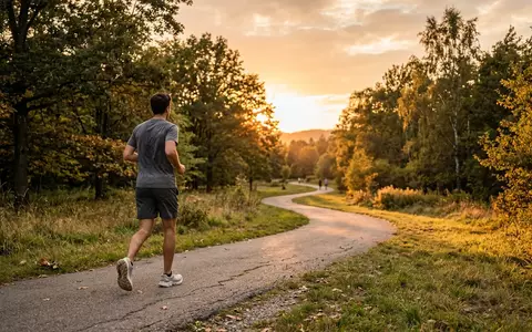 Fotorealistische Aufnahme von Laufschuhe im Park zum Thema Hoka Bondi 8 Laufschuhe, warmes Abendlicht - Foto: THN