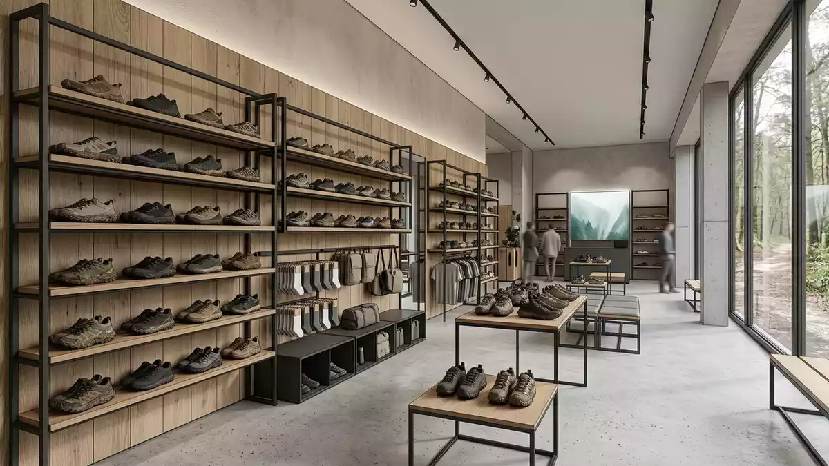 Architektur-Render im Laufsportladen mit Traillaufschuhe im Ausstellungsbereich
