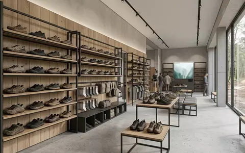 Architektur-Render im Laufsportladen mit Traillaufschuhe zum Thema Hoka Speedgoat 6 Trailschuhe, neutrales Tageslicht - Foto: THN