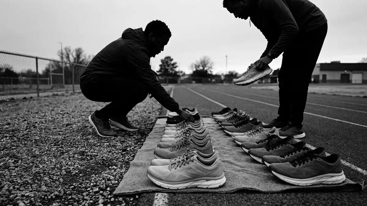 Schwarzweiss-Reportagebild mit Laufschuhe in dokumentarischer Arbeitsumgebung, neutral