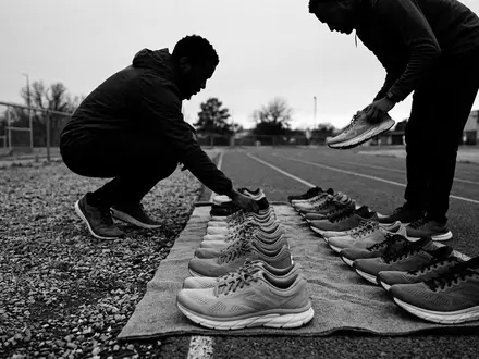 Schwarzweiss-Reportage mit Laufschuhe zum Thema Hoka Clifton 9 Laufschuhe, hoher Kontrast, sachlich dargestellt - Foto: THN