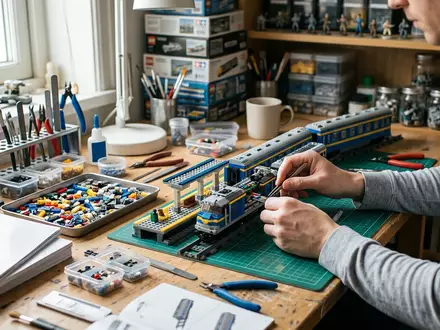 Fotorealistische Aufnahme von Zugbausatz am Basteltisch zum Thema LEGO Harry Potter Hogwarts, natuerliches Licht - Foto: THN