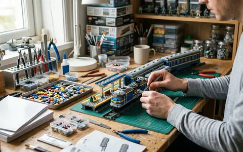 Fotorealistische Aufnahme von Zugbausatz am Basteltisch zum Thema LEGO Harry Potter Hogwarts, natuerliches Licht - Foto: THN
