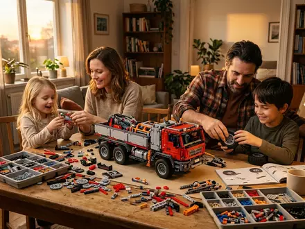 Fotorealistische Aufnahme von Fahrzeugbausatz beim Familienabend zum Thema LEGO Technic Land Rover, warmes Abendlicht - Foto: THN