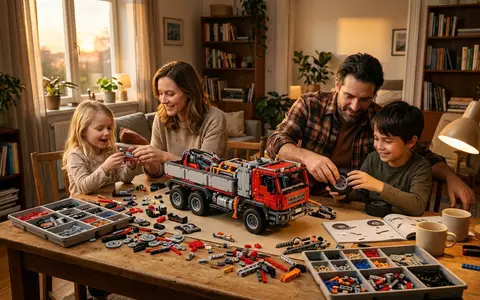 Fotorealistische Aufnahme von Fahrzeugbausatz beim Familienabend zum Thema LEGO Technic Land Rover, warmes Abendlicht - Foto: THN