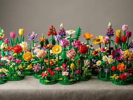 Fotorealistische Studioaufnahme von Blumenbausatz zum Thema LEGO Icons Botanisches Set, klare Lichtfuehrung - Foto: THN