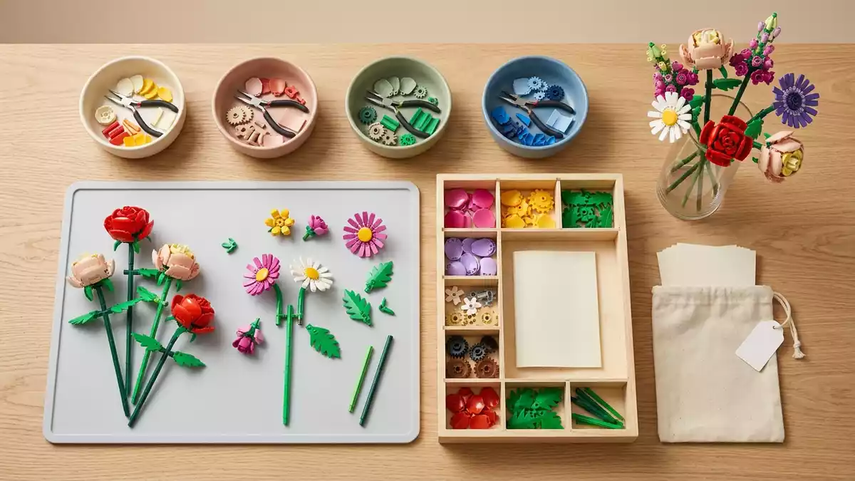 Flatlay-Arrangement rund um Blumenbausatz mit passenden Requisiten von oben, neutral