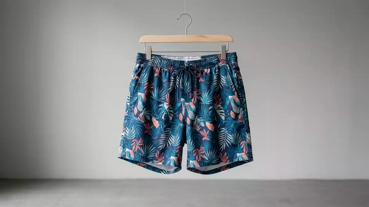 Fotorealistische Studioansicht von Badeshorts in neutraler Produktdarstellung, neutral