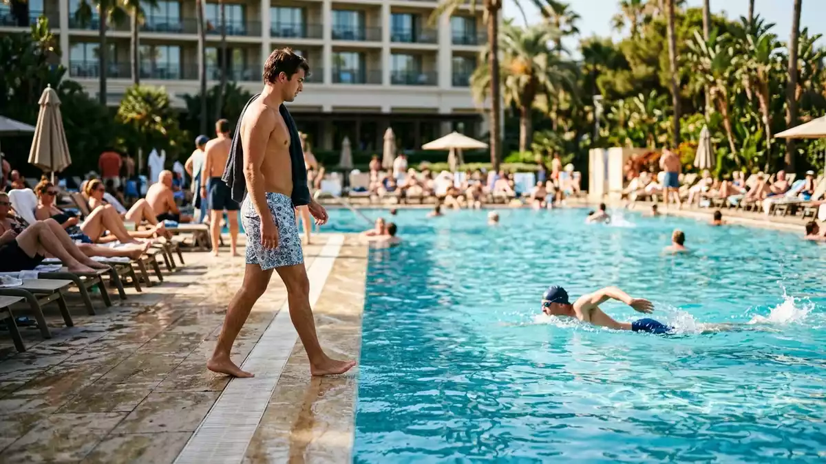 Fotorealistische Ansicht von Badeshorts am Pool in realer Umgebung, sachlich dargestellt