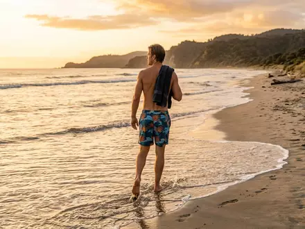 Fotorealistische Aufnahme von Badeshorts am Strand zum Thema Shiwi Herren Badeshorts Solid, warmes Abendlicht - Foto: THN