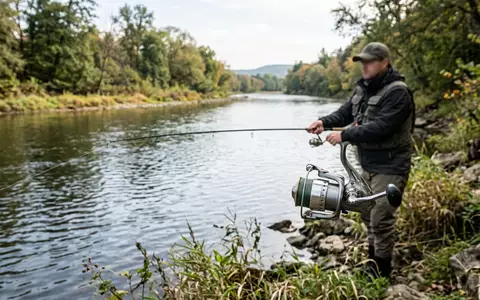Fotorealistische Aufnahme von Spinnrolle am Flussufer zum Thema Shimano Sienna FE 2500, natuerliches Licht - Foto: THN