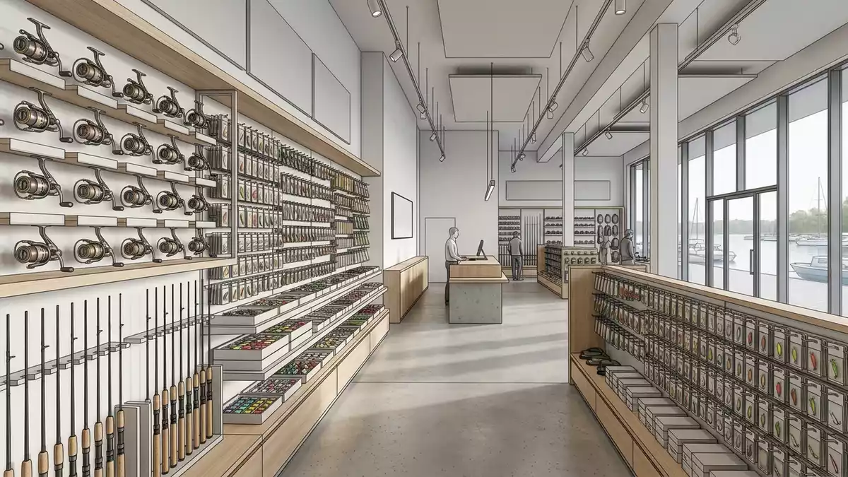 Architektur-Render im Angelgeschaeft mit Spinnrolle im Ausstellungsbereich, neutral