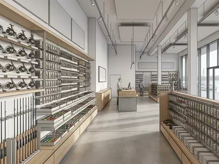 Architektur-Render im Angelgeschaeft mit Spinnrolle zum Thema Shimano Sienna FE 2500, neutrales Tageslicht - Foto: THN
