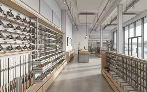 Architektur-Render im Angelgeschaeft mit Spinnrolle zum Thema Shimano Sienna FE 2500, neutrales Tageslicht - Foto: THN