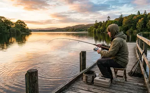 Fotorealistische Aufnahme von Spinnrolle am Seeufer zum Thema Shimano Sienna FE 2500, warmes Abendlicht - Foto: THN