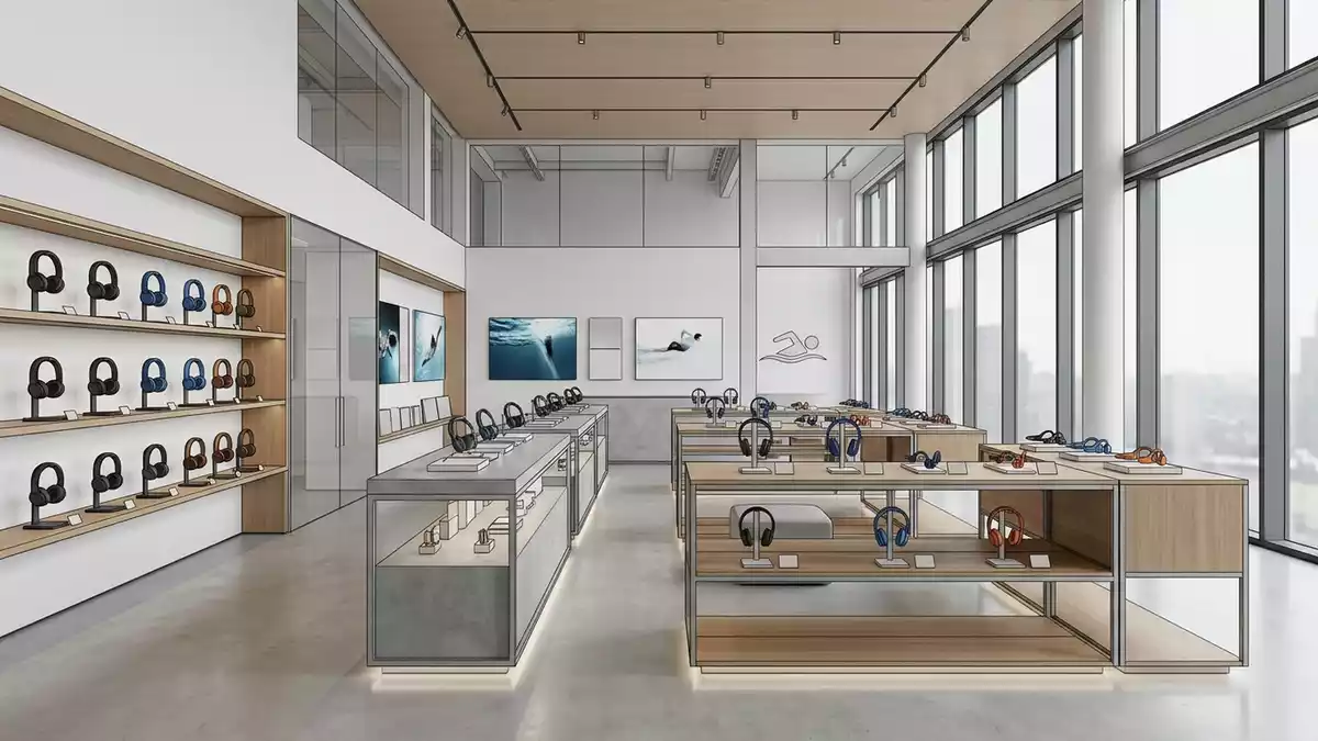 Architektur-Render im Sportelektronikgeschaeft mit Knochenschall-Kopfhoerer