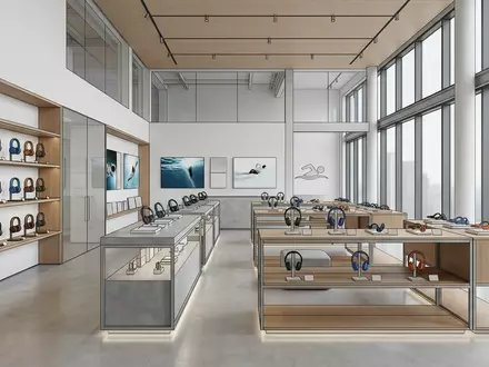 Architektur-Render im Sportelektronikgeschaeft mit Knochenschall-Kopfhoerer zum Thema SHOKZ OpenSwim Pro Knochenschall-Kopfhörer, neutrales Tageslicht - Foto: THN