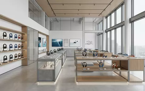 Architektur-Render im Sportelektronikgeschaeft mit Knochenschall-Kopfhoerer zum Thema SHOKZ OpenSwim Pro Knochenschall-Kopfhörer, neutrales Tageslicht - Foto: THN