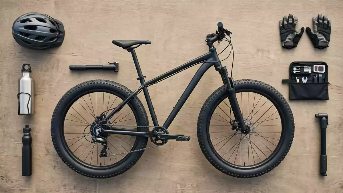 Flatlay-Arrangement rund um Mountainbike mit passenden Requisiten von oben, neutral