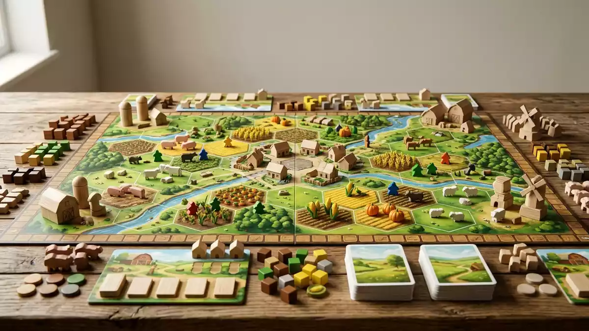Fotorealistische Studioansicht von Brettspiel in neutraler Produktdarstellung, neutral