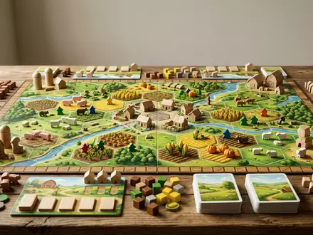 Fotorealistische Studioaufnahme von Brettspiel zum Thema Agricola, klare Lichtfuehrung, sachlich dargestellt, markenneutral - Foto: THN