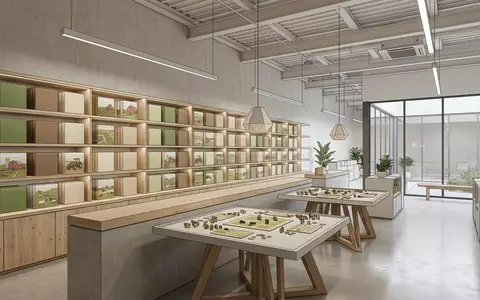 Architektur-Render im Spielefachgeschaeft mit Brettspiel zum Thema Agricola, neutrales Tageslicht, sachlich dargestellt - Foto: THN