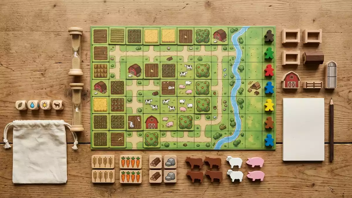Flatlay-Arrangement rund um Brettspiel mit passenden Requisiten von oben, neutral