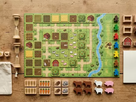 Flatlay-Arrangement rund um Brettspiel zum Thema Agricola, weiches Oberlicht, sachlich dargestellt, markenneutral - Foto: THN